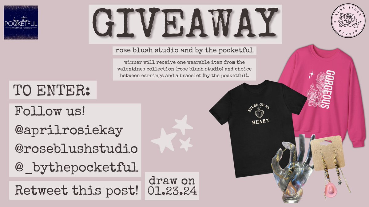 aprilswiftiee's tweet photo. ✨GIVEAWAY✨
Enter to win 1 wearable item from @roseblushstudio's Valentines Collection, &amp; your choice of earrings or a bracelet from @_bythepocketful!

ENTER:
1. Follow us: @aprilrosiekay @_bythepocketful @roseblushstudio 
2. Retweet this post
3. One bonus entry if you tag a pal https://t.co/bfhaI0UECK