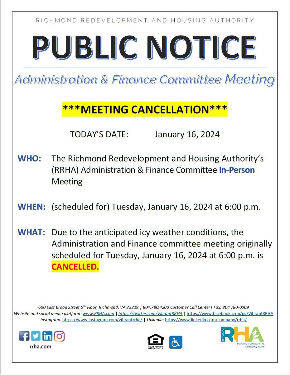 Tonight's (January 16, 2024 @ 6 p.m.) Administration and Finance Committee Meeting has been CANCELLED due to the inclement weather forecast. We apologize for any inconvenience.