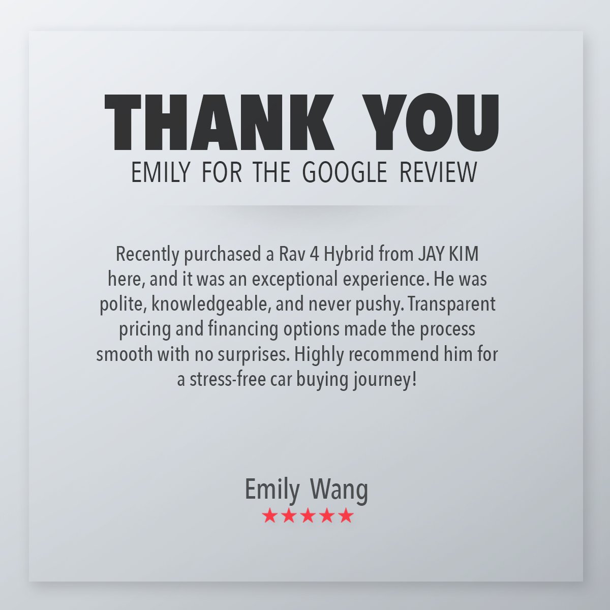 Thank you Emily for taking the time to give us a great review.

#sherwoodpark #yeg #customertestimonial #googlereview #customerexperience #toyota #toyotagram
