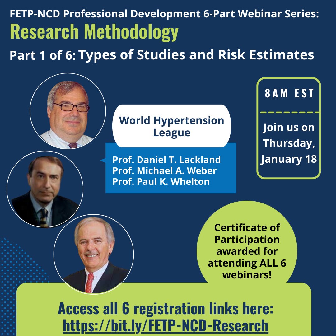 LAST CHANCE to register for part 1 of 6 Research Methodology webinars, 'Types of Studies and Risk Estimates' on Thursday, January 18, at 8 AM EST. Attend ALL 6 to receive a Certificate of Participation. bit.ly/FETP-NCD-Resea…. You MUST register for EACH webinar separately.