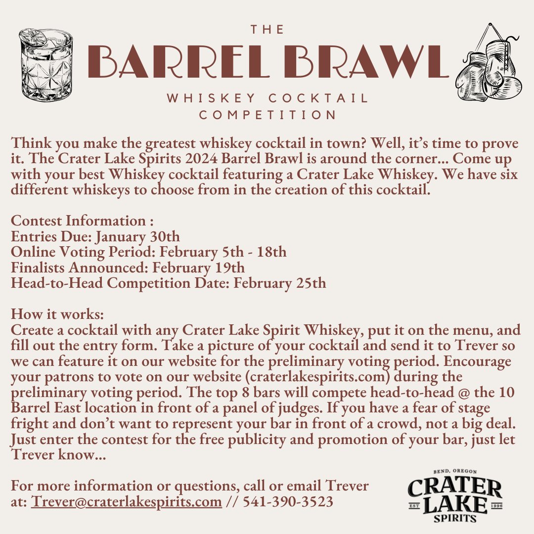 Attention all Central Oregon bars and restaurants 🥃✨ 

Unleash your creativity in the 2024 Barrel Brawl – the ultimate Crater Lake Spirits Whiskey Cocktail Competition. Show us your craft, shake up the scene, and let the spirits collide! #BendOregon #Whiskey #WhiskeyCocktails
