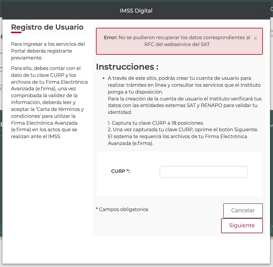 nnayo's tweet photo. @imssdigital Tengo un rato intentando crear una cuenta para registrar mi cuenta CLABE y me sigue arrojando ese mismo error en tooodos los navegadores... :( https://t.co/s0x88Dexbj