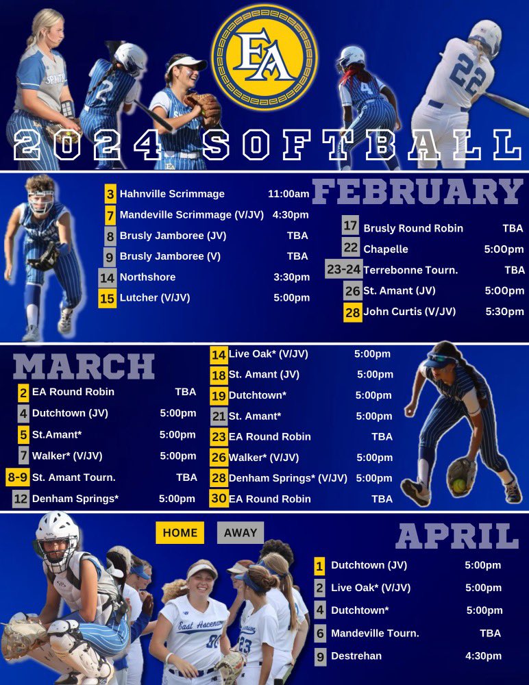 Your Lady Spartan 2024 Season Schedule 💙💛 We look forward to seeing everyone out at Lady Spartan Field this spring! #wEAre
