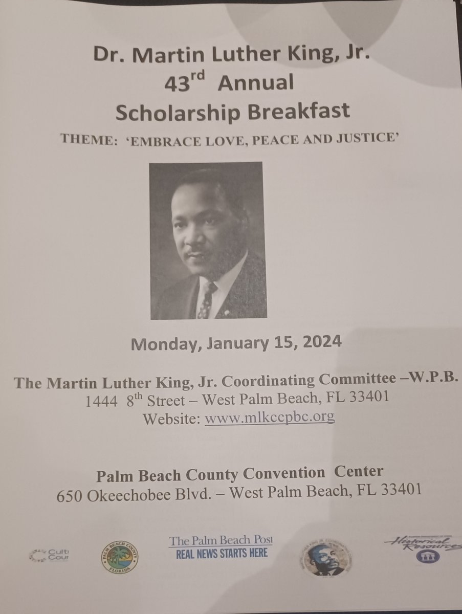 JanicePoirier2's tweet photo. Dr. Martin Luther King, Jr. Scholarship Breakfast on January 15, 2024 at the West Palm Beach Convention Center.  The program, Congresswoman Lois Frankel &amp; West Palm Beach Chief of Police, Frank Adderley, Democratic National Committee member, Terri Rizzo, and Senator Bobby Powell. https://t.co/s5FPh43HpT