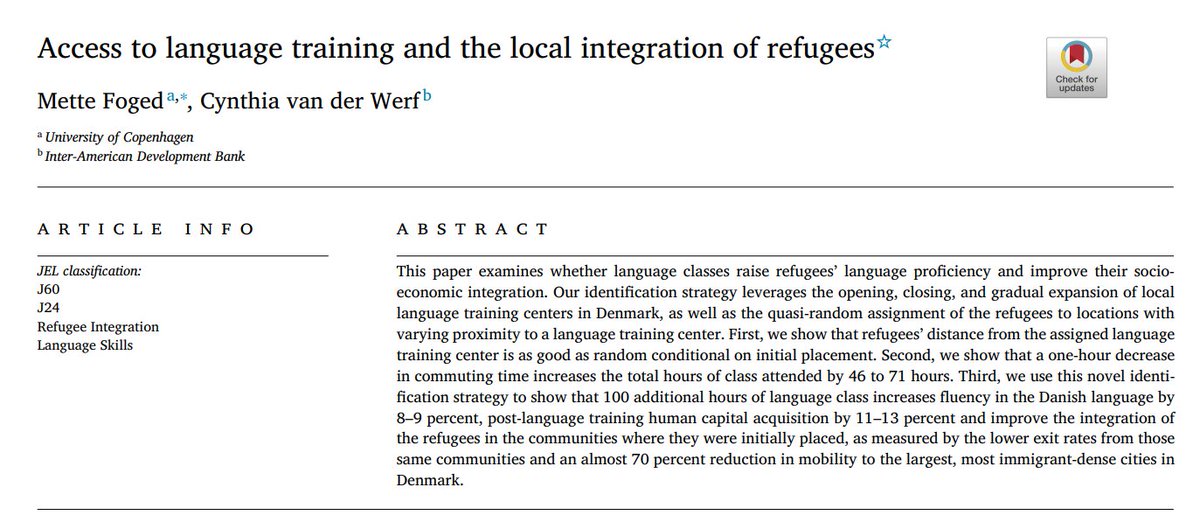 For refugees in Denmark, "100 additional hours of language class increases fluency in the Danish language by 8–9 percent" &amp; integrates refugees into their communities, with "an almost 70% reduction in mobility to the largest, most immigrant-dense cities."
 sciencedirect.com/science/articl…