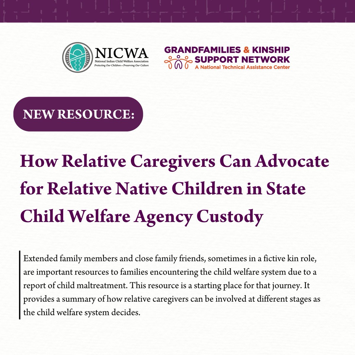 NEW Resource: How Relative Caregivers Can Advocate for Relative Native Children in State Child Welfare Agency Custody

➡️For extended family members &amp; close friends supporting a family encountering the #childwelfare system. #grandfamilies #kinshipcare
nicwa.org/latest-news/ho…