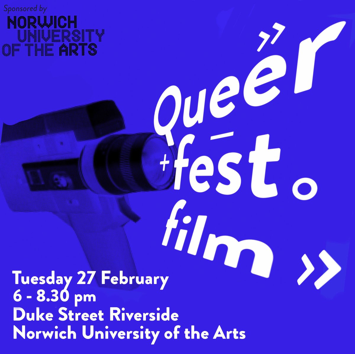 Queerfest Film Night 

Short films from Queer film makers with Queer content. 

Teaming up with @films_east  for Q&amp;A session

Tues 27 Feb
6 - 8.30 pm

We are very grateful to <a href="/NorwichUniArts/">Norwich University of the Arts</a> for providing a wonderful venue. 

Tickets are free, but please register