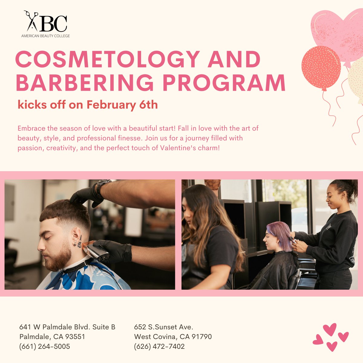 ABCBeauty's tweet photo. Unlock the doors to a world of beauty and style! Our Cosmetology and Barbering Program begins on February 6th, setting the stage for a season of love and creativity. Embrace the artistry of professional finesse, where passion meets skill, and beauty blooms. https://t.co/4tRQ468lVu
