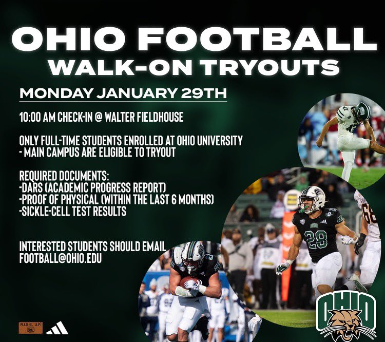 Ohio Football (@ohiofootball) on Twitter photo Walk-on tryouts will be held Monday, January 29th at Walter Fieldhouse!
Those interested should email football@ohio.edu 🏈
#OUohyeah Walk-on tryouts will be held Monday, January 29th at Walter Fieldhouse!
Those interested should email football@ohio.edu 🏈
#OUohyeah