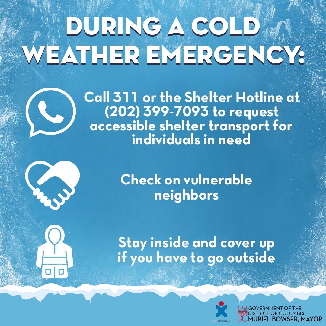 ❄️DC, temperatures are expected to drop to 19° but will feel like 8°.  Help keep vulnerable and unhoused residents safe tonight:  📞If you see someone in need of shelter, call the Shelter Hotline at 311 for free, accessible transportation
 📞If it's an emergency, call 911