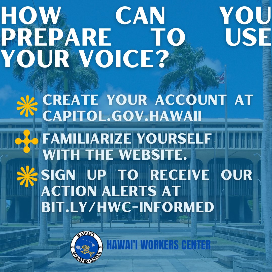 Today is opening day of the 2024 Hawaiʻi State Legislative Session!

Stay tuned for action items as we organize to abolish the tip rip-off for tipped workers, establish paid sick/family leave for all, and continue our pursuit of a just and equitable recovery on Maui.