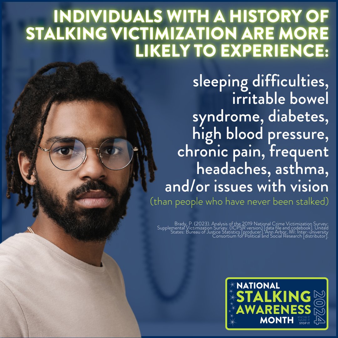 Stalking is a health issue. In addition to these health outcomes, stalking is an indicator that victims may be experiencing intimate partner violence and/or sexual violence – with the same injuries and harms associated with those victimizations. #KnowItNameItStopIt #NSAM2024