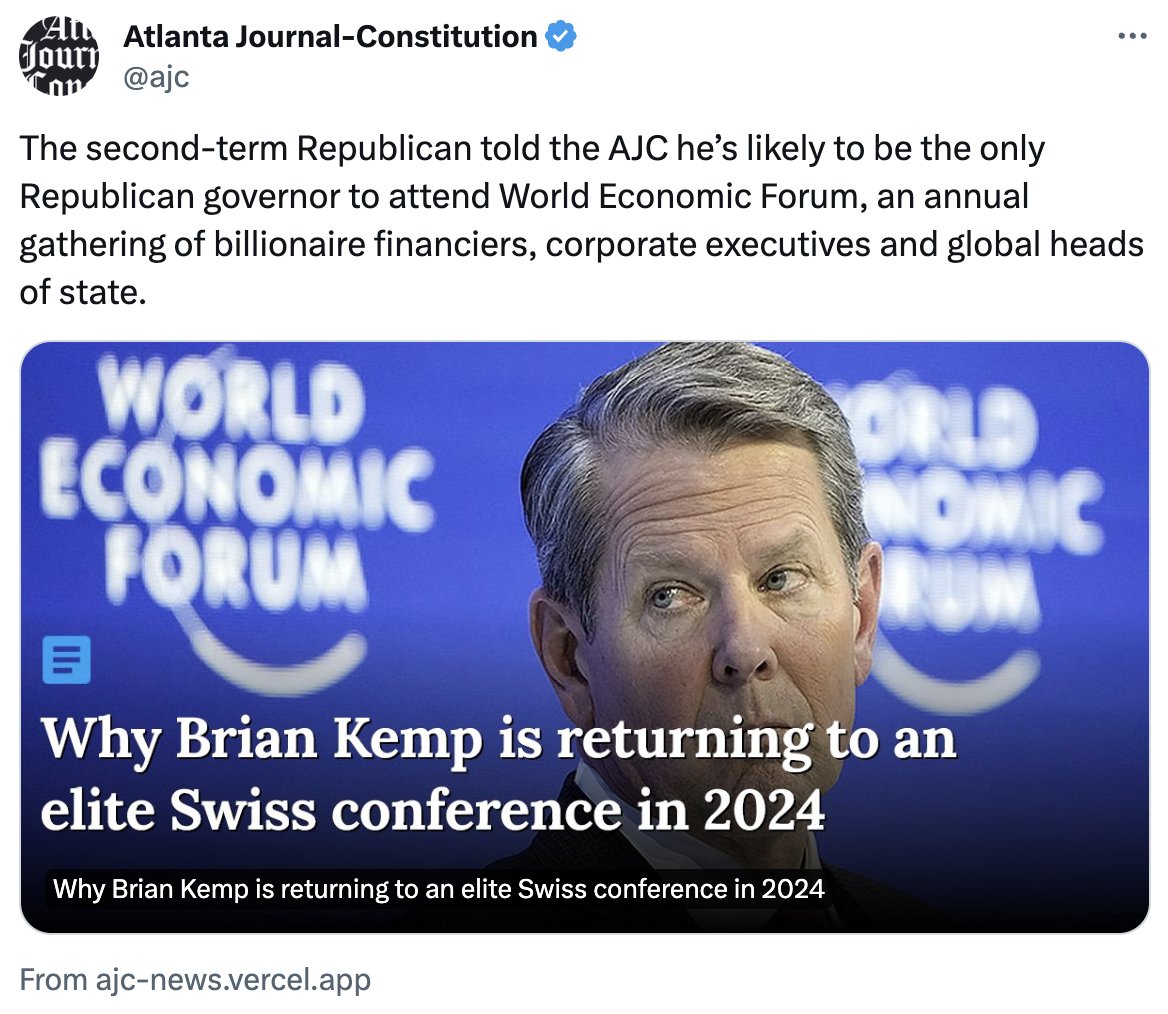 Kemp’s jetting off to Davos to rub elbows with billionaires after rejecting tens of millions in federal funds that would have helped feed low-income Georgia kids who rely on school lunch over the summer. It’s clear he’s only working for one person: himself.