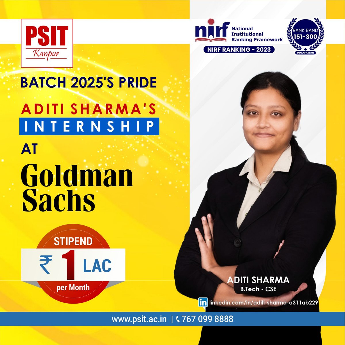 PSITKanpur2004's tweet image. PSIT takes pride in announcing that our student, Aditi Sharma (B.Tech-CSE, Batch 2025), has secured an exclusive internship opportunity at Goldman Sachs with an impressive stipend of Rs. 1,00,000 per month.

Congratulations Aditi!

#BestInternships #incredibleinternships