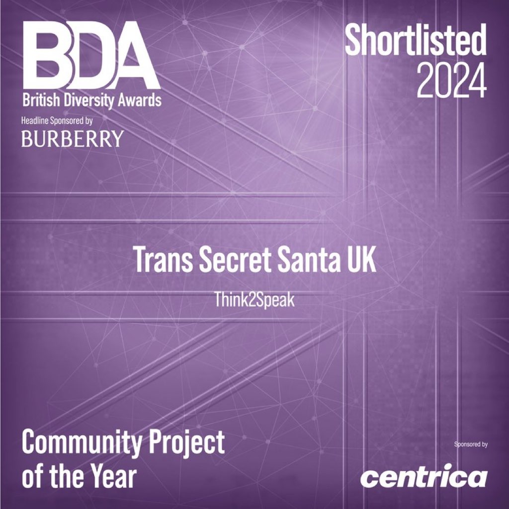 What an awesome way to start the new year! 🏳️‍⚧️🎅🏳️‍⚧️ Trans Secret Santa UK has been shortlisted for the Community Project of the Year Award at the upcoming #BDA24 in March! 🏳️‍⚧️🎅🏳️‍⚧️