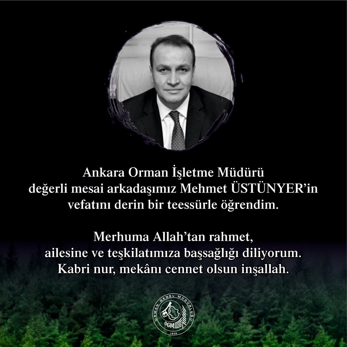Ankara Orman İşletme Müdürü değerli mesai arkadaşımız Mehmet ÜSTÜNYER’in vefatını derin bir teessürle öğrendim. 

Merhuma Allah’tan rahmet, ailesine ve teşkilatımıza başsağlığı diliyorum. 

Kabri nur, mekânı cennet olsun inşallah.