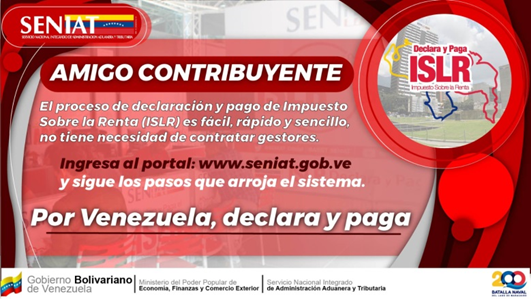 ¡El momento es ahora! Declara y paga el #ISLR cumple con Venezuela y contribuye con el desarrollo económico de esta Patria Grande. #JuntosSumamosAlDesarrollo #PorVenezuelaDeclaraYPaga