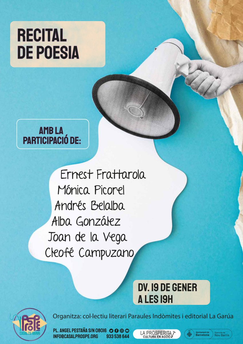 Todavía quedan 10 días, pero yo voy avisando, para que os lo anotéis.
Hace mucho que no leo poemas, y me apetece. Y además, en compañía numerosa y magnífica. Creo que probaré poemas nuevos. Ojalá veros a tutti en el Casal de la Prospe, y ya me contáis qué os parecen esos poemas.