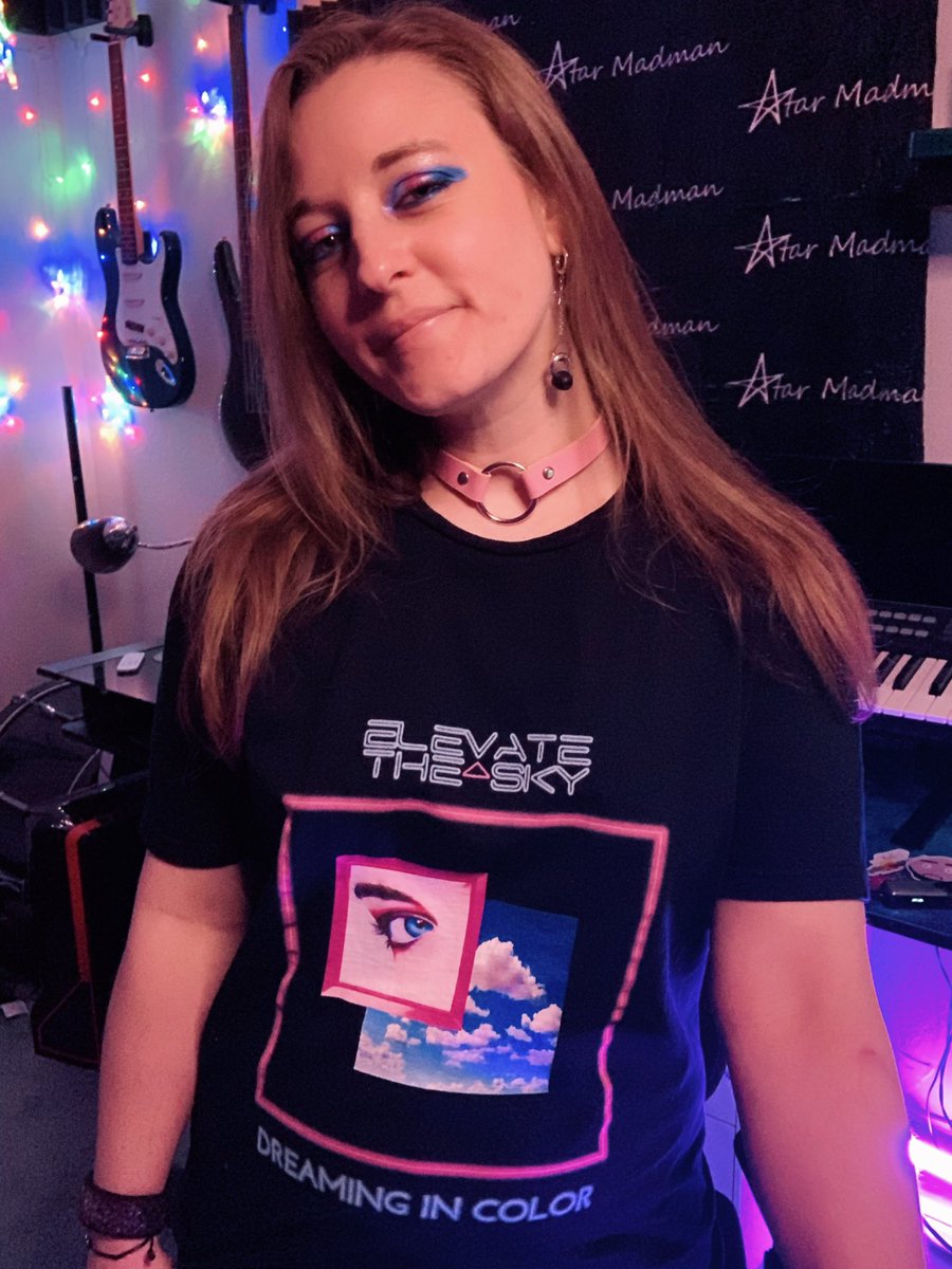 * New threads from @elevatethesky1 🙌🌠 Also digging my @loopearplugs earrings by #PurpleHeartDesign 💜 #merch #tshirt #loopearplugs #earplugearrings #earplugs #choker #selfie #studioselfie #synthwave #retrowave #synthpop #newwave #popwave #retro #electronicmusic
