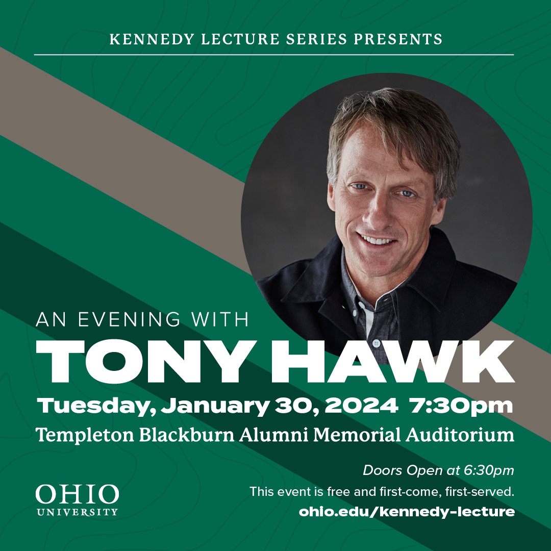 ohiou's tweet photo. OHIO's Kennedy Lecture Series brings @tonyhawk to campus on January 30th! 🛹

This event is free and first-come, first-served.

Learn more at https://t.co/rGvXiTvQEK. https://t.co/b7GiotSnqF