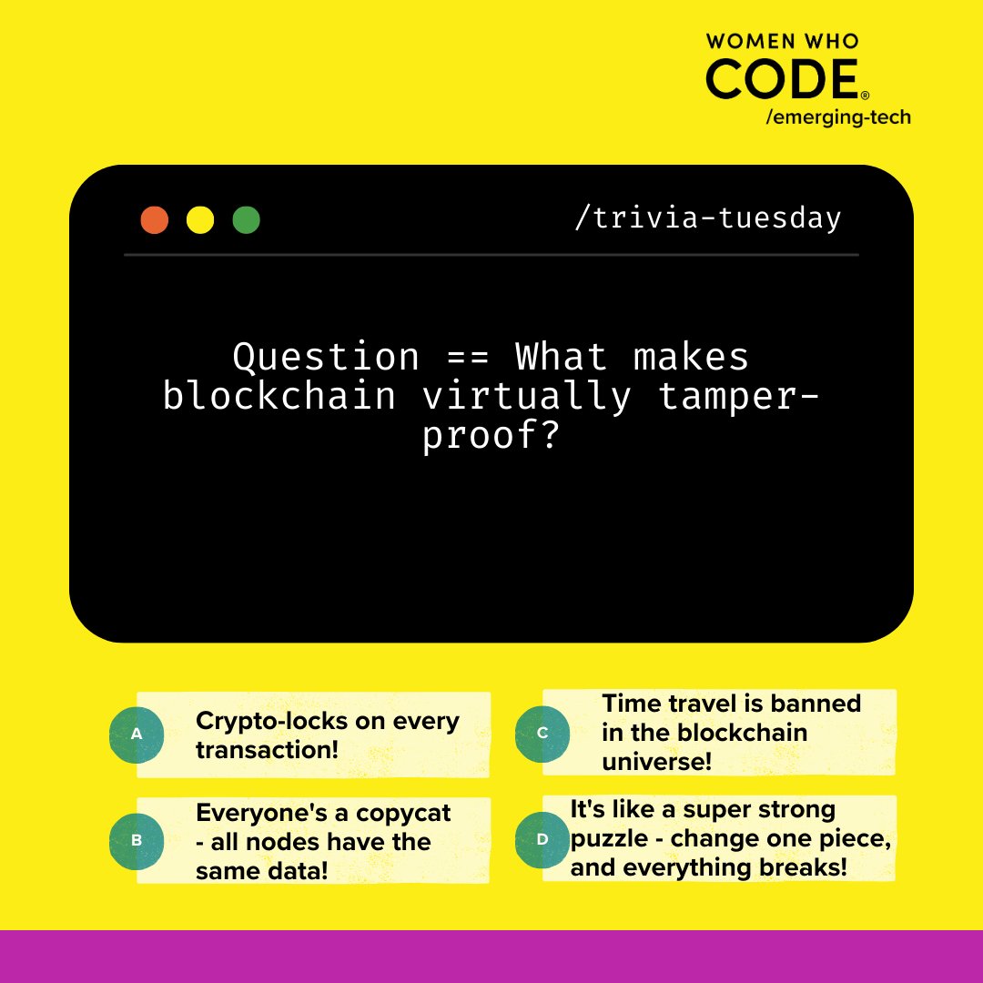 WWCodeEmerging's tweet image. It is #TuesdayTrivia time. Which one is the correct answer? Comment down your answer below to participate!
#WomenWhoCode #AI #EmergingTech
