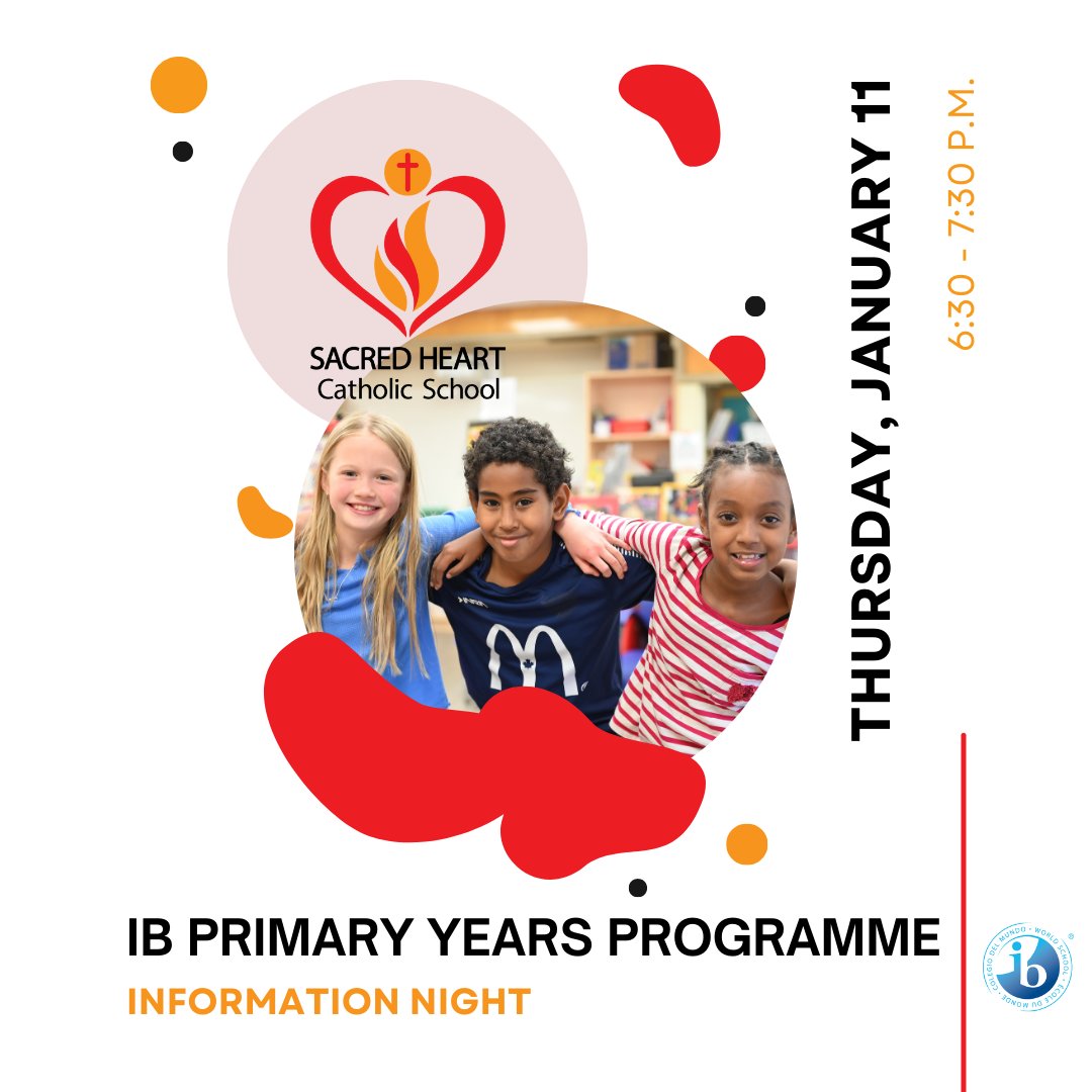 WellingtonCath's tweet image. Sacred Heart Catholic School in Guelph will be hosting an International Baccalaureate Primary Years Programme Information Night on Thursday,  January 11 from 6:30 - 7:30 p.m. for families and students entering Kindergarten and Grades 1-8.

Learn more: loom.ly/n_emvT8