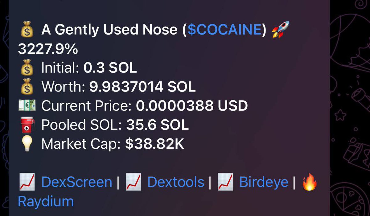 MonieBot have hit #Solana with their signals bot 🔥🪙

Degen mode has called some absolute bangers in just 24 hours 🏆 👇 

$Cocaine +3227.9%
$Road: +524.67%
$Chaos: +329.92%
$Quan: +97.7%
$Chugg: +469.8%

They’re shortly going to reveal their alpha mode on #Solana with cutting