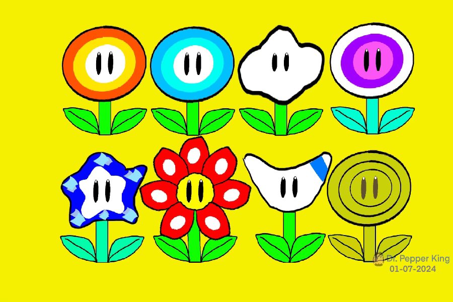 Since I learned how to make transparent PNGs in ProCreate, I finally combined both sets of my Super Mario flower powerup drawings!
#SuperMario #FireFlower #IceFlower #CloudFlower #BubbleFlower #WonderFlower #PowerFlower #BoomerangFlower #GoldFlower #DigitalArt #ArtistOnTwitter