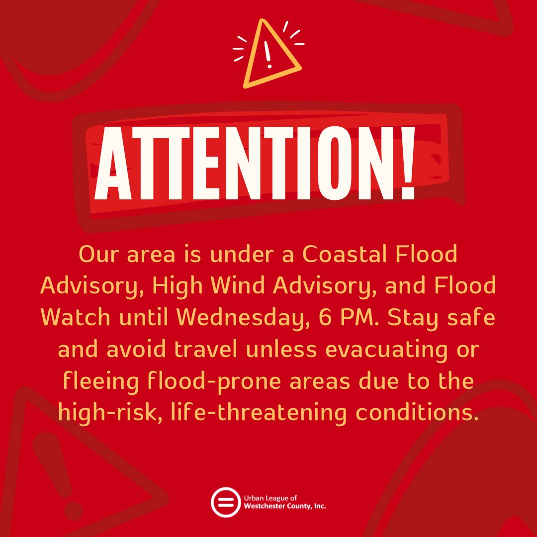 ulwestchester's tweet photo. Our area is under a Coastal Flood Advisory, High Wind Advisory, and Flood Watch until Wednesday, 6 PM. Stay safe and avoid travel unless evacuating or fleeing flood-prone areas due to the high-risk, life-threatening conditions. https://t.co/GwKQ49ILuy