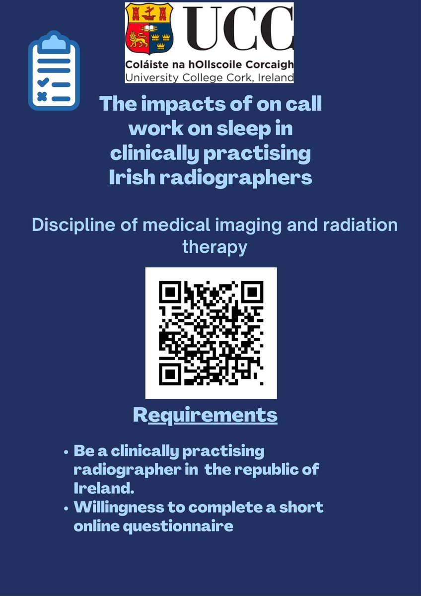 Inviting all diagnostic radiographers currently practising in Ireland to participate in a survey investigating the impacts of on call work on sleep. Link below! ucc.qualtrics.com/jfe/form/SV_6k… @_RenaYoung @aengland1 @markmcentee @GrainneCurran6 @NiamhMoore40