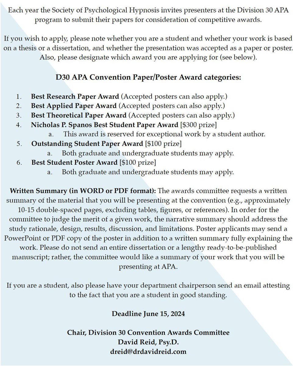 Calling all APA D30 members 📣 Submit a paper 📄 or poster 📜 for consideration of Division 30 APA Convention Awards 🏆 TODAY!