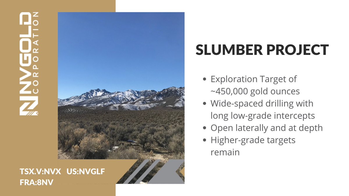 The Slumber Gold Project's exploration target ranges between 150,000 - 450,000 gold ounces! The system remains open in multiple directions and at depth. Visit our website to learn more about the Slumber Project: nvgoldcorp.com/properties/nev… $NVX $NVGLF 8NV #Gold #Nevada #Exploration