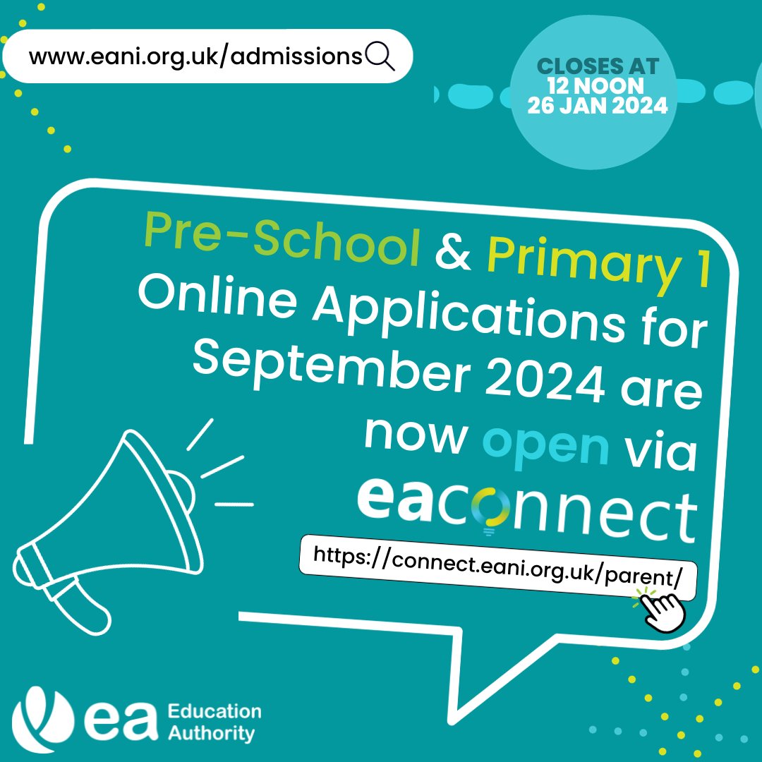 Applications for Pre-School or P1 for Sept 2024 are now open via EA Connect - at ow.ly/VWOo50QoO3g If your child is undergoing statutory assessment, apply through general admissions. If they have a Statement of SEN, see info at ow.ly/LHqP50QoO3f #EAadmissions