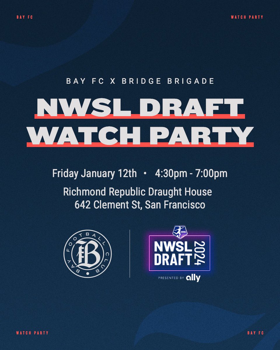 ONLY THREE DAYS UNTIL THE 2024 <a href="/NWSL/">National Women’s Soccer League</a> DRAFT 😱 Don’t miss a beat.🫀❤️‍🔥 Attend a Watch Party near you! 

No RSVP required. #BayFC merch and giveaways available!

#WeCameToPlay