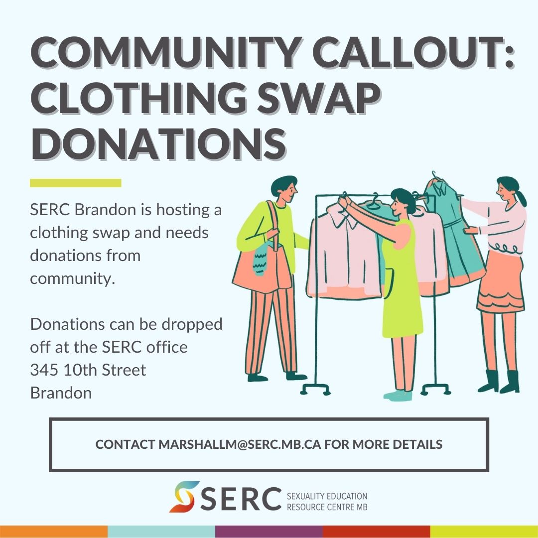 SERC_MB's tweet photo. Call for clothing donations!
Donations can be dropped off at the SERC office at 345 10th Street in Brandon.
For more details, contact Marshall at marshallm@serc.mb.ca
#SERCMB #SERCBrandon #ClothingSwap #ClothingDontations #CommunityCallout https://t.co/cLf0FouN3U