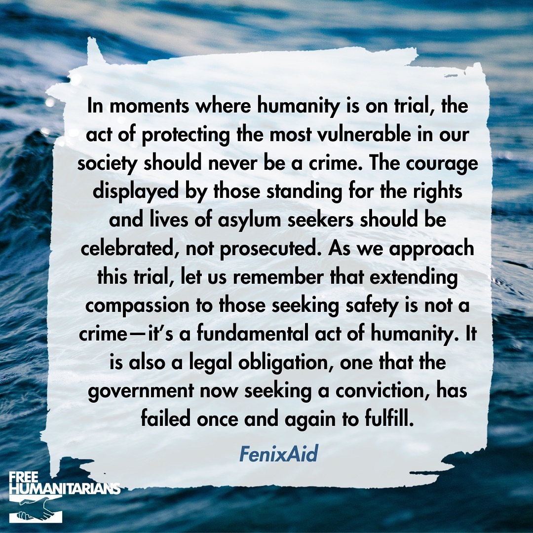 We are sending strength, love and solidarity to the 16 humanitarians on trial today after six years of legal limbo.

These 16 humanitarians are facing charges for their efforts to help people seeking safety.

Saving lives is not a crime. Humanity is not a crime.
#DropTheCharges