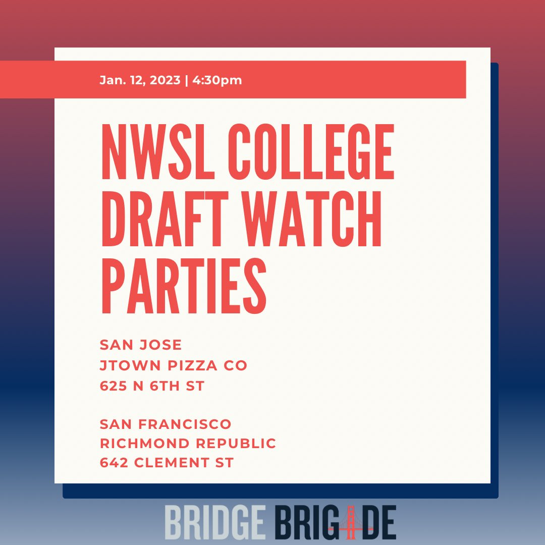 In collaboration with <a href="/wearebayfc/">Bay Football Club</a> we will be hosting 2 watch parties for the 2024 NWSL Draft this Friday January 12th at 4:30pm. 

🔵 SJ: <a href="/jtownpizza/">Jtown Pizza Co.</a> 
🔴 SF: Richmond Republic