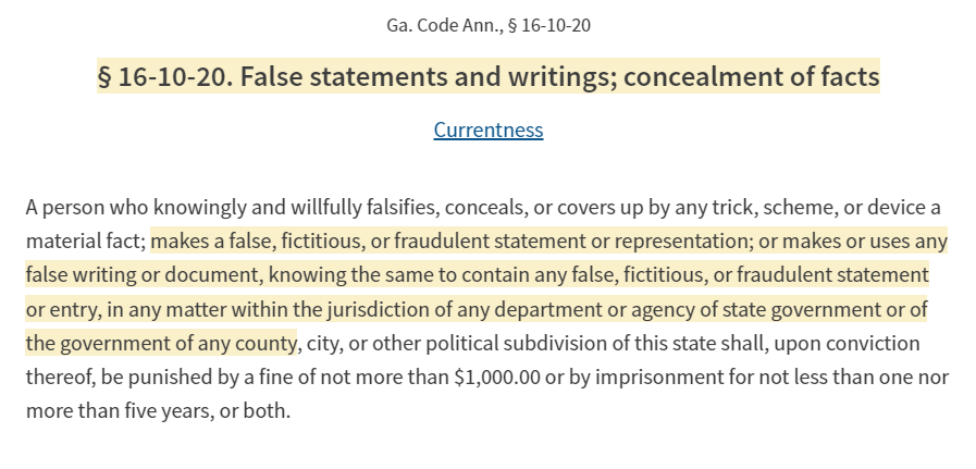 Fulton County Special Prosecutor Nathan Wade is alleged to be having an affair with DA Fani Willis. But there's something more damaging- Wade committed fraud by billing 24 hours for work on 11/5/21. This violates Ga. Code Ann. § 16-10-20 (false statements). It's a felony.
