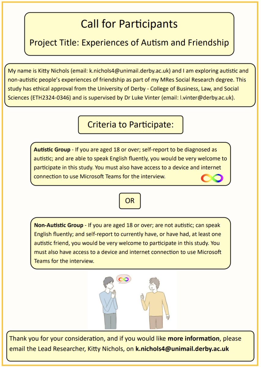 Hello, my name is Kitty and I am an #ActuallyAutistic MRes Social Research student at @DerbyUni . I am looking for people to take part in my study focusing on autism and friendship. If you are interested in participating, please get in touch! #Autism #Autistic #Friend