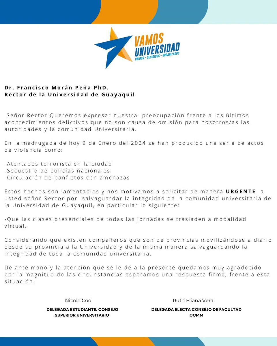 vamosug's tweet photo. Ante la ola de violencia en nuestro país nos pronunciamos para que se tomen las respectivas medidas de seguridad.
@PacoRector @UdeGuayaquil @Educacion_Ec 
#EcuadorExigeSeguridad #URGENTE https://t.co/P6BATBTfi9
