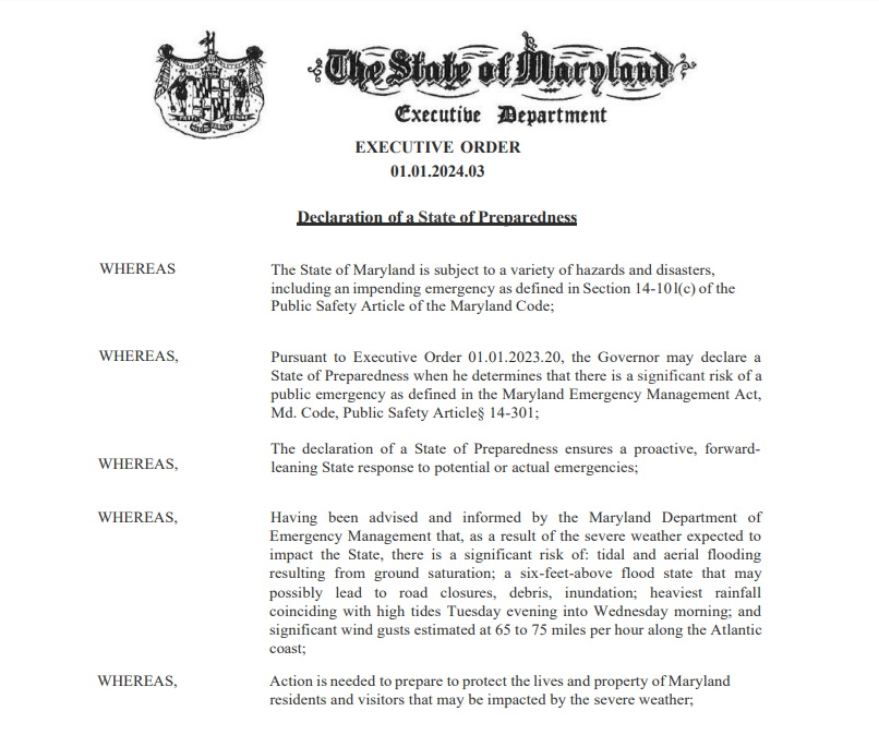 .@GovWesMoore has declared a State of Preparedness in Maryland and directed @MDMEMA to coordinate resources, state activities to respond to severe weather today -> Wednesday. This is the first State of Preparedness since enacted by Executive Order earlier this year. #EMGTwitter