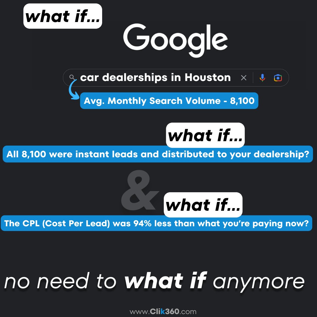 Clik360Leads's tweet image. Unleash the power of a 100% STL (search-to-lead) Conversion Rate™️ and slash CPL by an incredible 94%. Elevate your lead generation to unprecedented heights. #ConversionMastery #100percentconversion #AutoLeads #LeadGen #Clik360