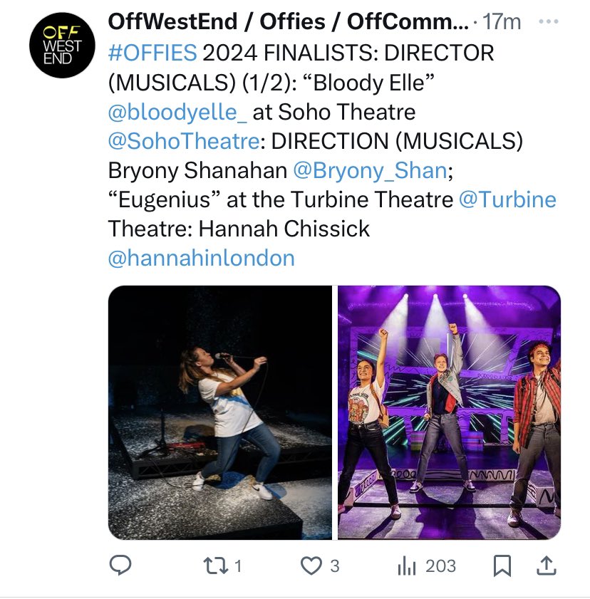 BLOODY ELLE (@bloodyelle_) on Twitter photo How incredible!❤️🔥Finalists!
Bloody Elle has been nommed for 3 #OFFIES..
✨BEST NEW MUSICAL
✨BEST PERFORMANCE IN A MUSICAL <a href="/laurynredding/">Lauryn Redding</a>
✨BEST DIRECTOR @bryonyshanahan
Chuffed as this end! Thank you <a href="/OffWestEndCom/">OffWestEnd / Offies Awards</a> 💥 How incredible!❤️🔥Finalists!
Bloody Elle has been nommed for 3 #OFFIES..
✨BEST NEW MUSICAL
✨BEST PERFORMANCE IN A MUSICAL <a href="/laurynredding/">Lauryn Redding</a>
✨BEST DIRECTOR @bryonyshanahan
Chuffed as this end! Thank you <a href="/OffWestEndCom/">OffWestEnd / Offies Awards</a> 💥