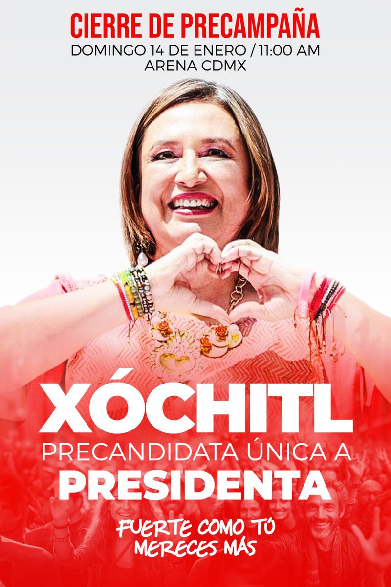 DiversidadXG's tweet image. Te invitamos al cierre de precampaña a la Presidencia de México 🇲🇽 de @XochitlGalvez este domingo 14 de enero a las 11 hrs. en la #ArenaCDMX 

¡No faltes y regístrate con anticipación para recibir tus accesos! 💖✨ #FuerteComoTú #DiversidadXingona🏳️‍🌈

🤳 xochilove.rs/cierre_de_prec…