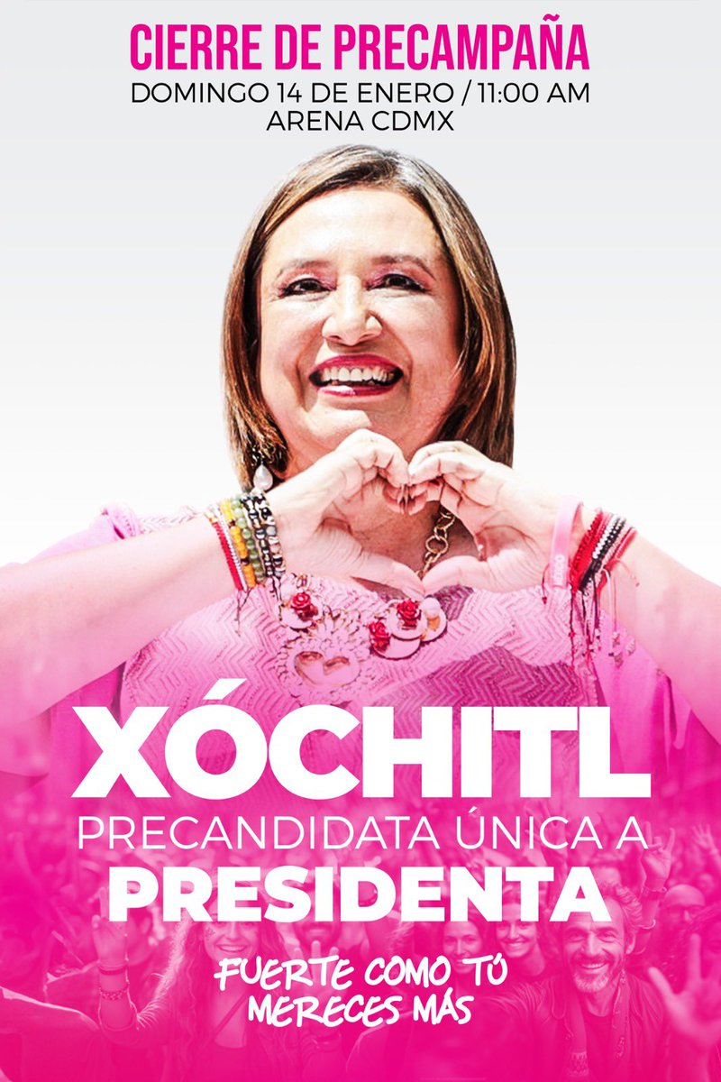 DiversidadXG's tweet image. Te invitamos al cierre de precampaña a la Presidencia de México 🇲🇽 de @XochitlGalvez este domingo 14 de enero a las 11 hrs. en la #ArenaCDMX 

¡No faltes y regístrate con anticipación para recibir tus accesos! 💖✨ #FuerteComoTú #DiversidadXingona🏳️‍🌈

🤳 xochilove.rs/cierre_de_prec…