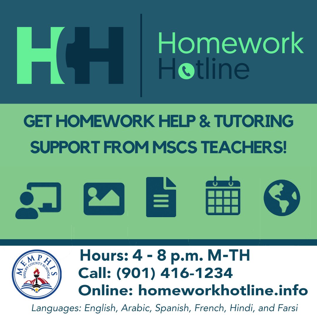MSCSK12's tweet photo. Homework Hotline is here to help! 
If your student is struggling w/their homework, we have certified K-12 MSCS teachers joining us LIVE! 
Call 901-416-1234, Mon.-Thurs from 4-8pm for homework help &amp; tutoring support. Multiple languages are available.
Visit https://t.co/M25Yh9rHVn https://t.co/nN5N2uBPMa