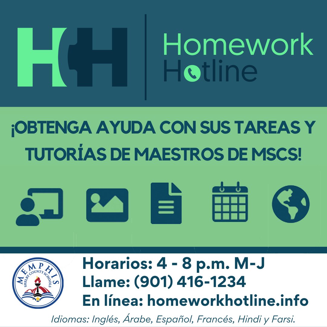 Homework Hotline is here to help! 
If your student is struggling w/their homework, we have certified K-12 MSCS teachers joining us LIVE! 
Call 901-416-1234, Mon.-Thurs from 4-8pm for homework help &amp; tutoring support. Multiple languages are available.
Visit homeworkhotline.info