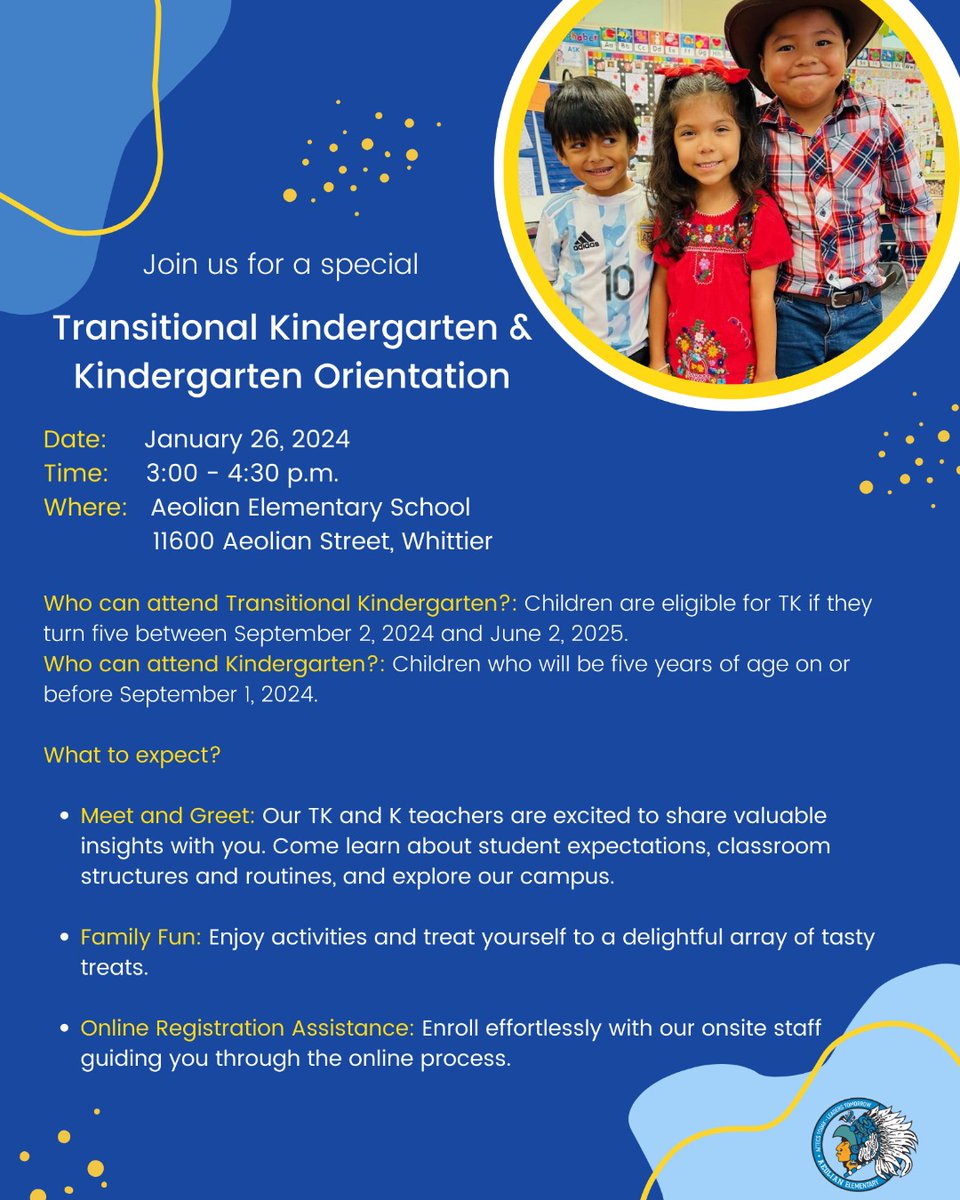Aeolian_ES's tweet photo. Reminder - TK and Kindergarten Orientation is just around the corner! 🏫 Join us January 26th from 3:00-4:30 to learn about student expectations, classroom structures and routines, and explore our campus 📚🎒✏️ https://t.co/REbPZAq2Vw