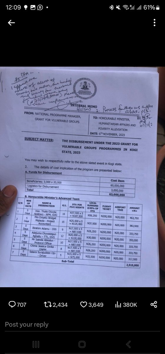 osita_chidoka's tweet photo. 1../  The Betta Edu Saga Reveals Deep Systemic Issues 

The controversy about the request by the Honourable Minister of Humanitarian Affairs and Poverty Alleviation to the Accountant General, as widely reported, is only a reflection of the systemic failure in our public service. I will point out a few issues while we await the outcome of the investigation. 

Before I proceed, it is evident that the Ministerial Retreat did not deal with serious governance issues. I am confident that no one in the retreat presented the case study of Minister Adenike Grange, who was advised to approve payouts for the end of the year. A sterling career suffered extensive damage. If Minister Edu knew of this case, she would have shown more caution in using her red pen. 

From publicly available and unverified reports, the Honourable Minister received a memo from Mr. Thalis Olonite Apalowo, National Program Manager, Grants for Vulnerable Group, to approve a request for cash distribution to vulnerable groups in Kogi State on 6 November 2023. On the same day, the Minister approved. 

First issue: the program manager ought not to have written to the Hon. Minister directly. The bulk payment of allowances to staff must have been a tradition in the Ministry before now. The Hon. Minister, due to inexperience, pressure, or greed, fell for the organised scam prevalent in the Ministry since the disastrous President Buhari years. 

The next day, 7 November 2023, the Permanent Secretary, Abel Olumuyiwa Enitan, an experienced civil servant (from public records, he has been Permanent Secretary since 2018), minuted the approval to the DFA to "process further as approved above." 

Second issue: the Permanent Secretary is the ONLY person in the Ministry who should seek approval from the Minister. Mr Apalowo should have sent the memo to Permanent Secretary Abnitio. He ought to have sent the memo to the internal audit, for audit and compliance, to budget to verify fund availability and then forward it to the Minister for approval. 

The internal audit, if not in cahoot, would have flagged the anomalies like air tickets to Kogi and other issues. Mr Enitan's job is to guide and advise the Hon. Minister. He abdicated responsibility 

The Hon. Minister's letter, if true, to the Accountant General seeking disbursement to private accounts is the ultimate proof of the failure of the bureaucracy led by Mr. Enitan. My initial questions would be: are these companies contractors of the Ministry? Did they go through a procurement process? Are the payments to the companies total payments, mobilisation payments, or payments based on bank bonds? 

Procurement process documents should have accompanied the letter to the Accountant General indicating the contractual obligations of the Ministry and the approval of the Ministerial Tenders Board. The payments bore the hallmarks of corruption.

Hon. Ministers have no business with payments, procurements, and human resources issues in the Ministry. The Permanent Secretary is the Chief Accounting Officer of the Ministry and seeks the Minister's approval when incurring expenditures. 

The PS is the single point of contact between the Minister and the bureaucracy. At the same time, the Minister is the point of contact with superior and external organs of government and the public. 

The debacle is a clear indication of a government that has not prioritised respect for rules and the training of its appointees. While not peculiar to this administration, but an atmosphere surrounding this givernment, that appears to reward political appointees for providing conduits for cash-for-patronage seems to be deepening the crisis. 

The Head of Service should investigate and, if found guilty, sanction the Permanent Secretary, Mr Enitan, and the National Programs Manager, Mr Apalowo, for clear breaches of civil service procedures.