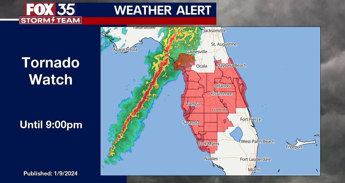 FOX 35 Weather Alert Tornado Watch for portions of the area in FL until 9:00pm. fox35orlando.com/weather #flwx